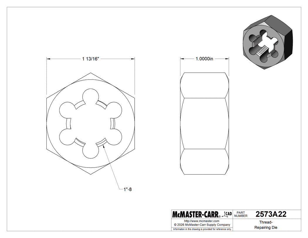 Technical Drawing of Thread-Repairing Die, 1"-8 UNC Right-Hand Thread.